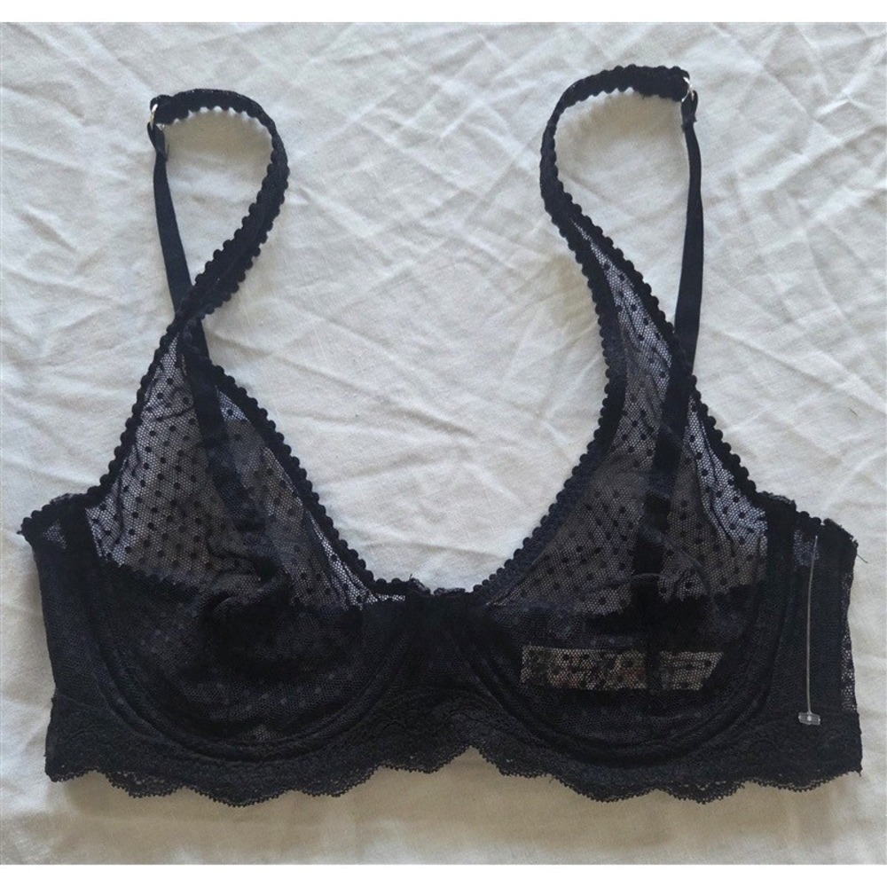 NWT Intimately Free People 34B Lace Underwire Sheer Bra Black Polka Dot 131966